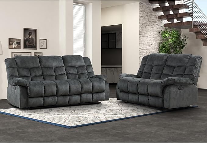 EBELLO Reclining Sofa Furniture Set, Loveseat Recliner Sofa and 3PC Bonded Manual Recliner Set for Living Room, Grey Green (Loveseat+Sofa)