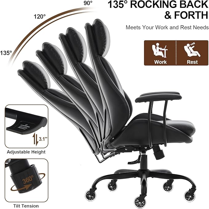 Home Office Desk Chair, PU Casters Ergonomic Computer Chair with Lumbar Support, Adjustable Height, 360°Rolling Swivel Chair, High Back Executive Task, Padded Armrests Chair, Black Leather