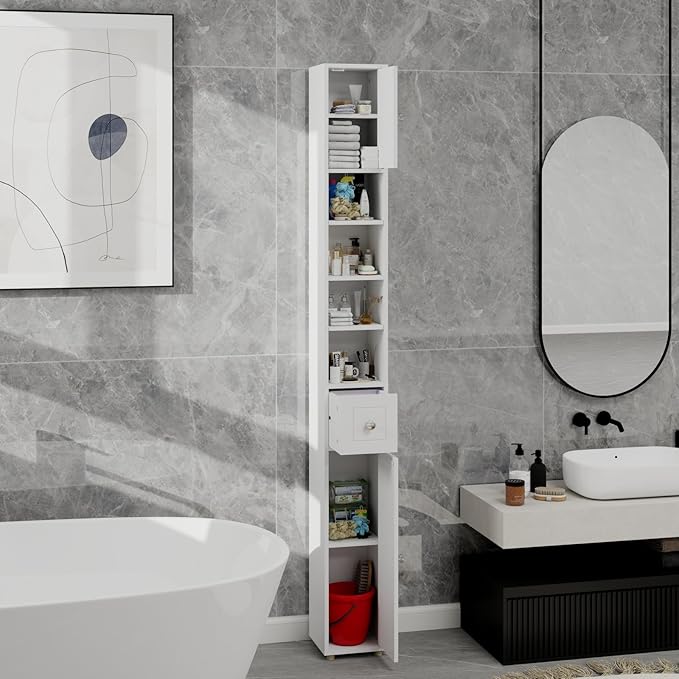 Tall Slim Bathroom Storage Cabinet, 71" Freestanding Bathroom Cabinet w/ 2 Doors, 1 Drawer, 4 Adjustable Shelves, Floor Narrow Tower Cabinet for Small Spaces