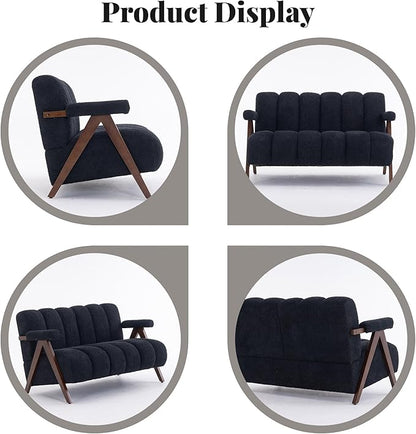 Mid Century Modern Accent Chair Loveseat Sofa with Solid Wood Frame, Boucle Upholstered Living Room Chairs with Thick Cushion, Comfy Tufted Arm Chair for Bedroom, Black