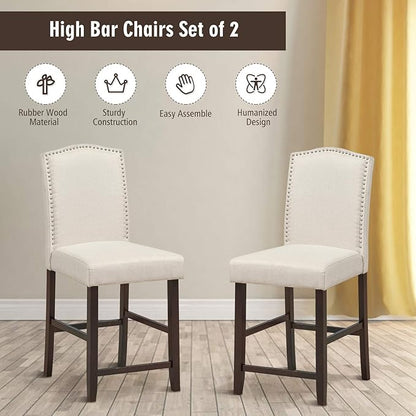 COSTWAY Bar Stools Set of 2, 25'' Upholstered Counter Height Bar Stools with S-Shaped Spring Thick Cushion, Rubber Wood Legs, High Back Leisure Chairs for Living, Kitchen, Dining Room (Beige, 2)