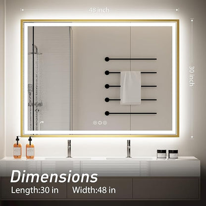 48X30 Inch Led Bathroom Mirror,Front and Backlit Lighted Mirror,Gold Metal Frame Vanity Light Mirror for Wall,Double Lights Strips,Anti Fog Stepless 3 Colors Temperature & Dimmable