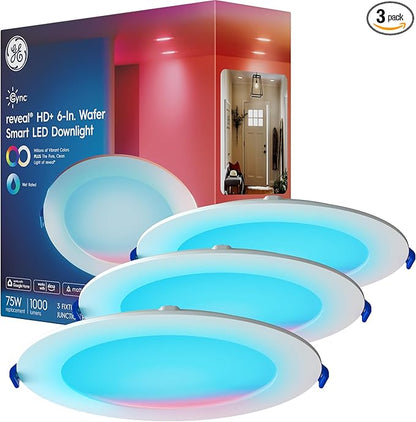 Cync GE Reveal Wafer Smart LED Downlight, Color Changing Lights, Matter Compatible, Compatible with Alexa and Google Home, No Recessed Housing Required, 6 Inches, 75W, 1000 Lumens, (3 Pack)