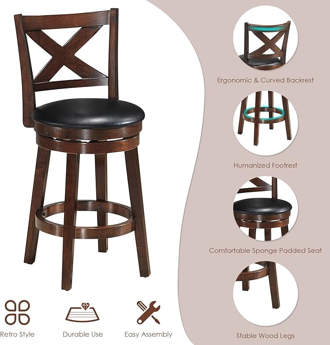 COSTWAY Bar Stools Set of 2, Counter Height Dining Chair, Fabric Upholstered 360 Degree Swivel, PVC Cushioned Seat, Perfect for Dining and Living Room