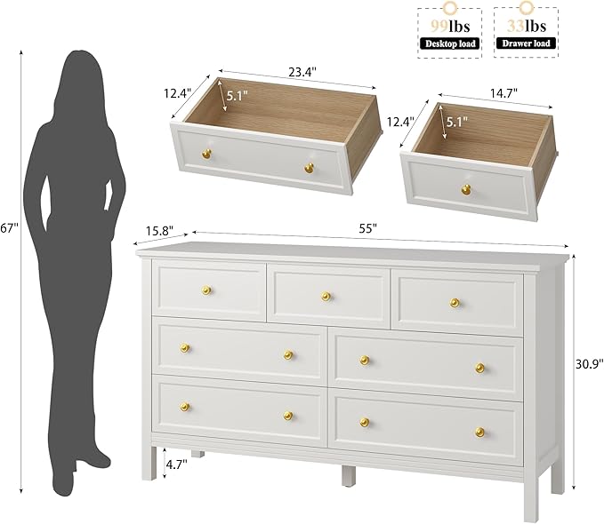 LYNSOM White Dresser for Bedroom with 7 Drawers, Modern Wide Chest of Storage Drawer with Gold Handles, TV Stand Dresser, Wood Dressers for Bedroom Living Room, Hallway, Entryway, 55’’
