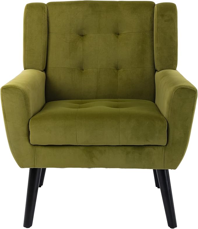 Dolonm Midcentury Modern Accent Chair with Arms, Upholstered Fabric Reading Side Chair Tufted Back Decorative Wingback Chair for Living Room Bedroom (Green)