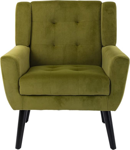Dolonm Midcentury Modern Accent Chair with Arms, Upholstered Fabric Reading Side Chair Tufted Back Decorative Wingback Chair for Living Room Bedroom (Green)