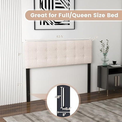 KOMFOTT Linen Upholstered Headboard for Full & Queen Size Bed Frame, Tufted Button Bed Headboard with Solid Rubber Wood Legs, Rectangular Headboard with Adjustable Width, Beige