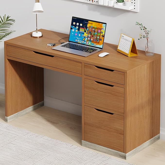 52 Inch Desk with 4 Drawers, Small Computer Desk for Small Space, Home Office Desk with Storage File Cabinet for Bedroom, Brown