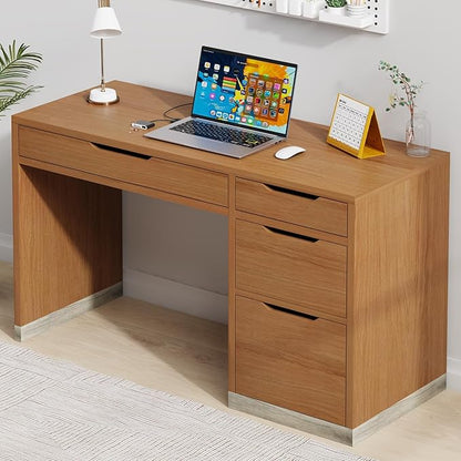 52 Inch Desk with 4 Drawers, Small Computer Desk for Small Space, Home Office Desk with Storage File Cabinet for Bedroom, Brown