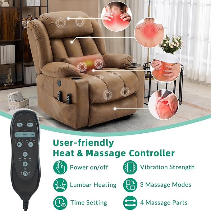 VIVIJASON Tall Man Dual Motor Power Lift Recliner Chair with Extended Footrest, Oversized Lay Flat Sleeper Electric Recliner W/Heat & Massage, Lumbar Pillow, USB & Type-C Ports, Infinite Position