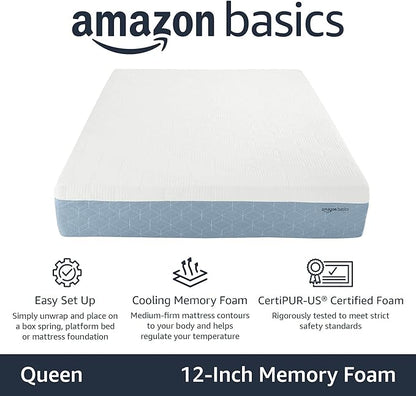 Amazon Basics Memory Foam Mattress, Medium Firm, Cooling Gel, Queen Size Mattress, CertiPUR-US® Certified Foam, 80 x 60 x 12 inches, White/Gray