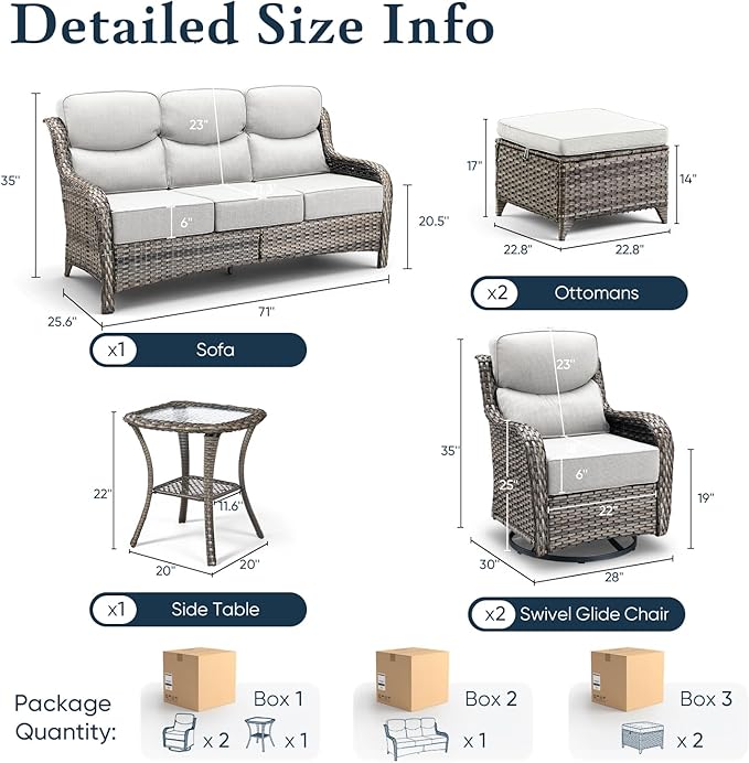 Belord Luxury 6" Thick Cushioned 6 Pieces Patio Furniture Set with Outdoor Couch, Wicker Outdoor Conversation Set with High Back Swivel Rocker Chairs for Deck Porch Yard and Poolside - Grey+Beige