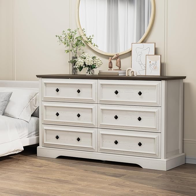 Farmhouse 6 Drawer Dresser for Bedroom, 54" Wide Wood Dresser with Natural Texture, Rustic Chest of Drawers for Bedroom with Vintage Metal Hands, for Living Room, Hallway, Antique White