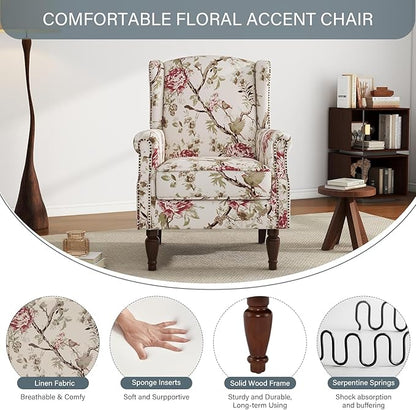 UIXE High Back Accent Chair, Fabric Upholstered Armchair for Living Room, Floral Printed Wingback Arm Chair with Solid Wood Legs, Retro Nailhead Trim Single Sofa Bedroom Reading Seat - Beige