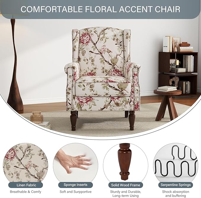 UIXE Floral Accent Chairs Set of 2, High Back Upholstered Armchair Wingback Arm Chair in Fabric for Living Room, Nailhead Trim Single Sofa Bedroom Side Reading Seat with Retro Solid Wood Legs - Beige