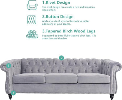 2 Piece Living Room Sofa Set, 3 Seater Velvet Sofa Couch and Chair Set, Mid Century Modern Upholstered Couch with Cushions, Comfy Tufted Chesterfield Couches for Living Room, Bedroom, Office