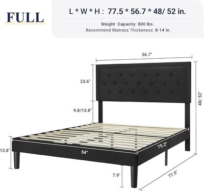 Allewie Full Size Upholstered Platform Bed Frame with Adjustable Headboard, Button Tufted, Wood Slat Support, Easy Assembly, Black