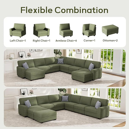 Wanderwell Oversized Modular Sectional Sofa, 6-Seater U Shaped Couches with Movable Ottoman,Corduroy Sectional Couch with Wide and Deep Seats Suitable for Living Room,Bedroom,Apartment (Olive, U-9)