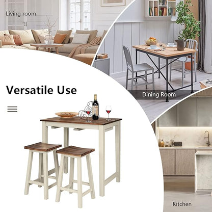 COSTWAY 3 Pieces Dining Set, Counter Height Pub Table Set with 2 Saddle Stools, Industrial Wood Breakfast Table Set for Bar, Kitchen, Living Room, Restaurant