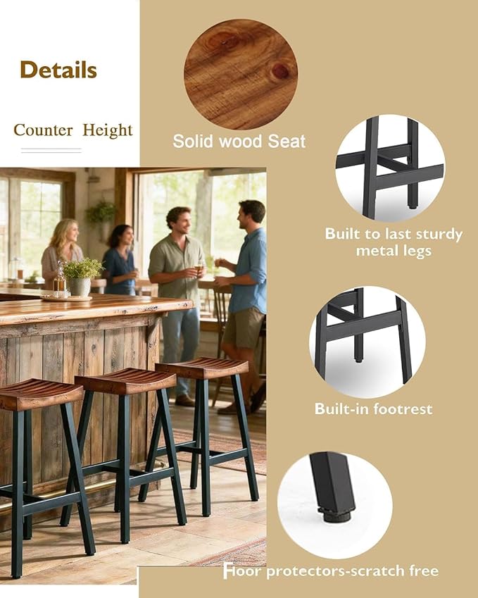 OUllUO Bar Stools Set of 4, Backless Saddle Barstools, 25" Counter Height Bar Stools, Solid Wood Counter Stools with Metal Frame, 521P-BBWD4