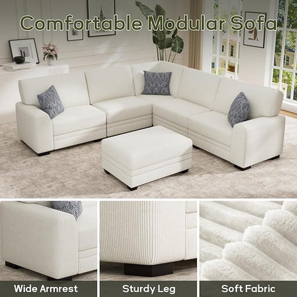 Wanderwell Oversized Modular Sectional Sofa, 6-Seater U Shaped Couches with Movable Ottoman,Corduroy Sectional Couch with Wide and Deep Seats Suitable for Living Room,Bedroom,Apartment (Cream, L-6)