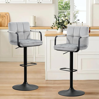 Furniliving Swivel Bar Stools Set of 4, Adjustable Kitchen Counter Height BarStools with Arms, Velvet Upholstered Bar Chair with Back and Footrest for Dining Room, Kitchen, Pub, Bar (Grey)