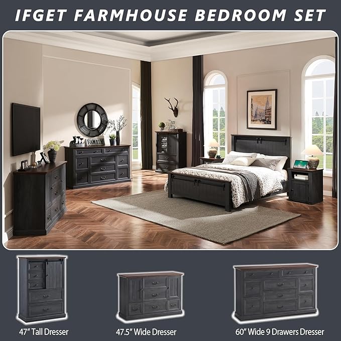 Farmhouse 9 Drawers Dresser for Bedroom, 60" Wide Wood Rustic Chest of Drawers, Large Storage Dressers Organizer for Bedroom, Living Room, Hallway, Dining Room, Dark Grey