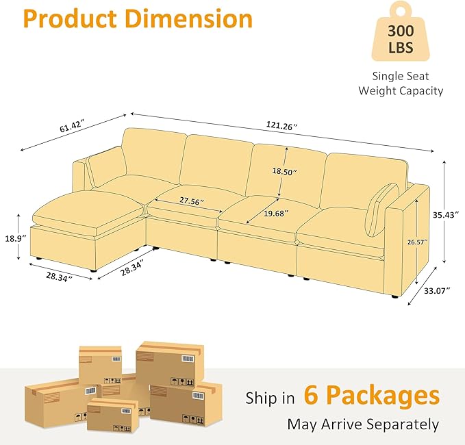 VANOMi Modular Sectional Sofa, Convertible Couch Modular Sofa Without Ottoman, Sectional Sofas for Living Room Small Apartments