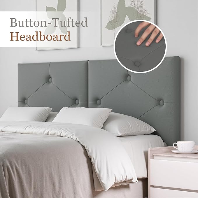 Modern Queen Headboard, Upholstered Faux Leather Bed Headboard with Solid Wood & Sturdy Metal Legs, Tufted Adjustable Height Headboards in Button Design, Grey