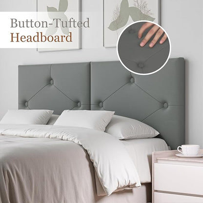 King Size Headboard, Faux Leather Headboard with Solid Wood & Sturdy Metal Legs, Adjustable Height Bed Headboards King Tufted Upholstered in Modern Button Design, Grey