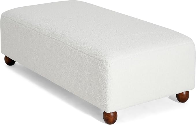 Christopher Knight Home Rika 48" Comfy Boucle Upholstered Bedroom Bench, Ottoman Bench with Rounded Wooden Legs, Spacious Seating, Long Footstool for Living Room, Entryway Bench, White + Walnut