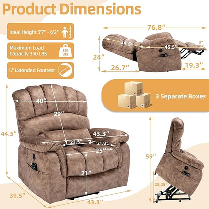 Tall Man Oversized Dual Motor Power Lift Recliner w/Heat Massage, Large Lay Flat Sleeper Electric Recliner with Extended Footrest for Elderly, Lumbar Pillow, USB & Type-C Ports, Plush-Brown