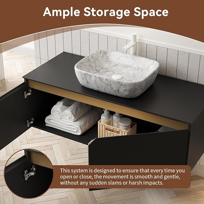 48 Inch Bathroom Vanity with Sink, Floating Fluted Vanity with Vessel Sink, Modern Wall Mounted Bathroom Vanity Cabinet with 2 Doors, Oval Marble Vessel Sink & Sintered Stone Top, Black