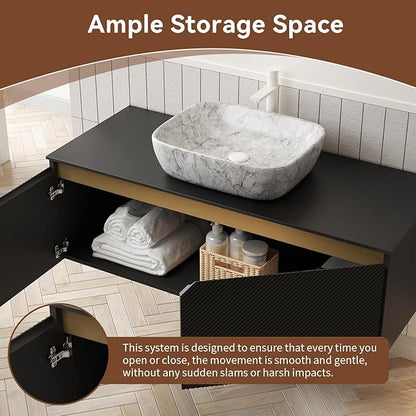 48 Inch Bathroom Vanity with Sink, Floating Fluted Vanity with Vessel Sink, Modern Wall Mounted Bathroom Vanity Cabinet with 2 Doors, Oval Marble Vessel Sink & Sintered Stone Top, Black
