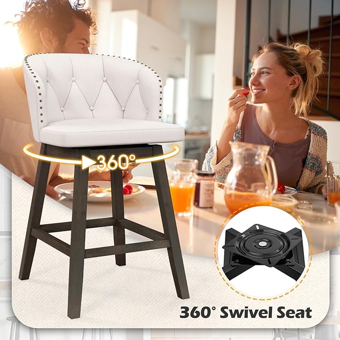 COSTWAY Counter Height Bar Stools Set of 4, Fabric Upholstered Island Stools with 360° Swivel Seat & Button-Tufted Back, Modern Pub Stools with Solid Rubber Wood Frame (Beige,4)