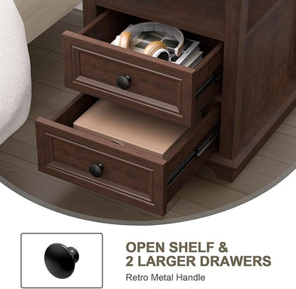 18" Wide End Table with Fast Charging Station Set of 2, 18” Wide Sofa Side Table with Drawers,End Table with Drawers for Living Room,Cherry