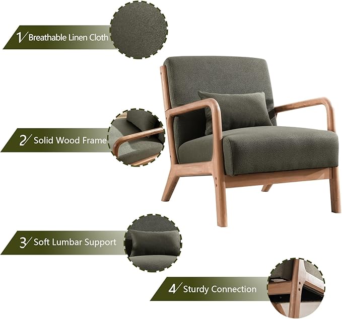 INZOY Mid-Century Modern Accent Chair Set of 2, Green Reading Armchair with Waist Cushion, Upholstered Living Room Chairs for Bedroom Sunroom