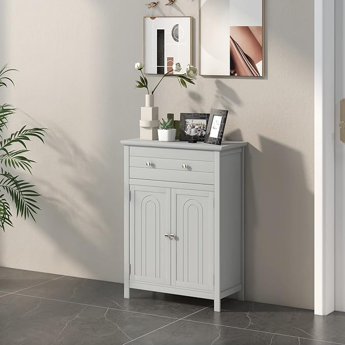 COSTWAY Bathroom Floor Cabinet, Wooden Side Storage Organizer w/Larger Drawer, Adjustable Shelf & 2-Door Cupboard, Freestanding Storage Cabinet for Living Room, Kitchen, Entryway (Grey)