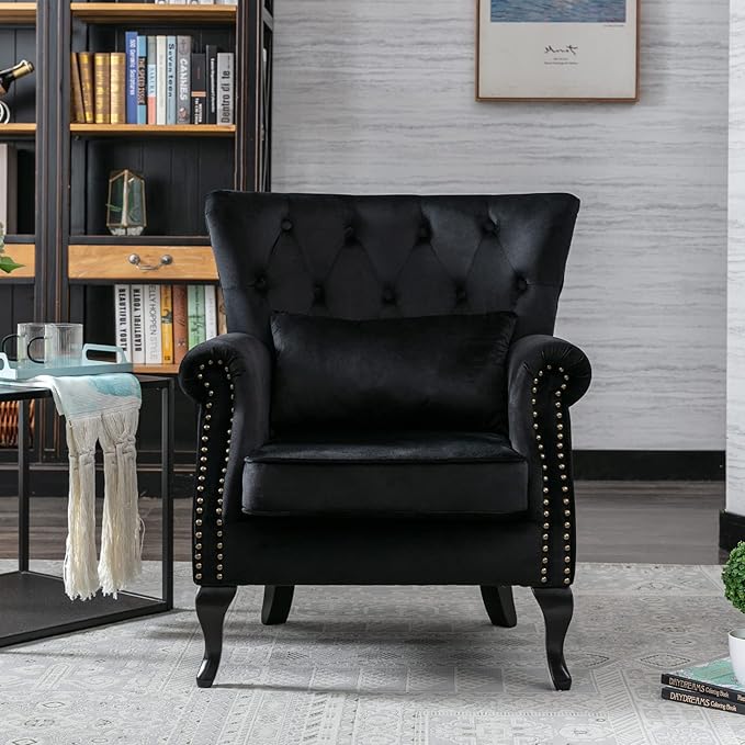 chairus Mid-Century Modern Accent Chair Comfy Tufted Single Sofa Chair Wingback Armchair with Pillow for Club, Living Room, Bedroom - Velvet, Black