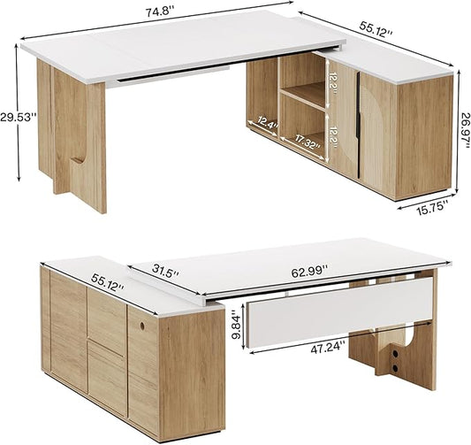 Tribesigns 74.8 Inch Executive Desk, Large Office Desk with Cabinet, L Shaped Computer Desk with Shelves and CPU Storage, Modern Home Office Desks Business Furniture Workstation Set, White and Wood