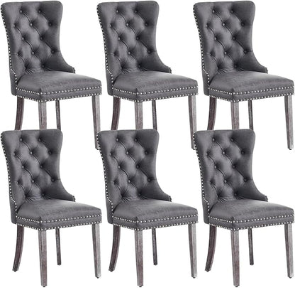 Leather Dining Chair Set of 6, Dining Room Chairs with Nailhead Ring Pull Trim, Upholstered Dining Chairs with Solid Wood Legs for Kitchen Dining Room (Grey)