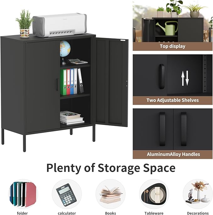 Metal Storage Cabinet with Doors and Shelves,Multipurpose Storage Rack, 3-Tier Shelf,Metal Locker Style Accent Cabinet for Home Office,Living Room,Kitchen (Black, 40''H)
