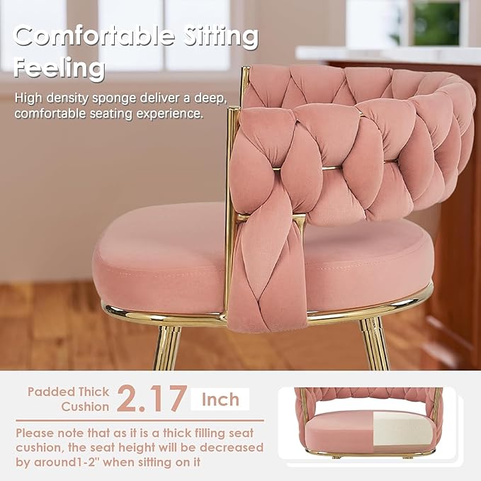 VECELO Bar Stools Set of 2, Counter Height Bar Stools, 26 inch Seat Barstools with Woven Back and Footrest for Kitchen Island Counter, Pink