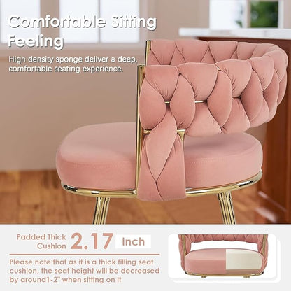 VECELO Bar Stools Set of 4, Counter Height Bar Stools, 26 inch Seat Barstools with Woven Back and Footrest for Kitchen Island Counter, Pink