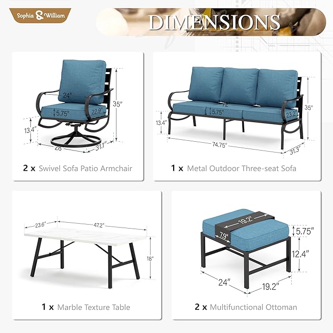 Sophia & William Patio Furniture Sets 7 Seats Outdoor Conversation Set 6 Pcs,2 x Cushioned Swivel Sofa Chairs,1 x 3-Seat Sofa,2 Ottomans, Marbling Metal Coffee Table Patio Backyard Poolside Navy