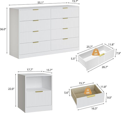 3-Piece Modern Bedroom Furniture Set, Wide 8-Drawer Dresser & 1-Drawer Nightstands Set of 2, Natural Wood Dresser and Nightstand Sets for Bedroom, Hallway, White