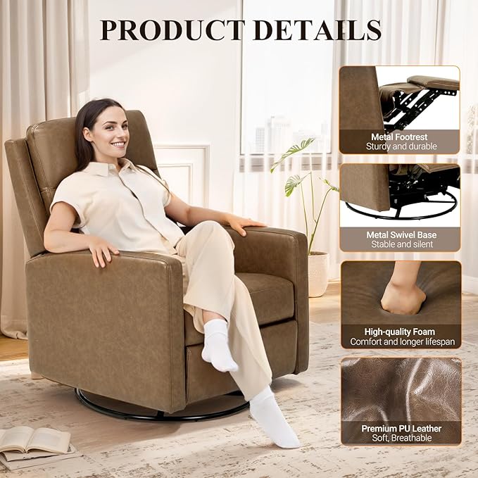 COLAMY Swivel Rocking Recliner,Wide PU Leather Glider Sofa Chair with Ergonomic High Backrest for Living Room,Bedroom（ Brown）