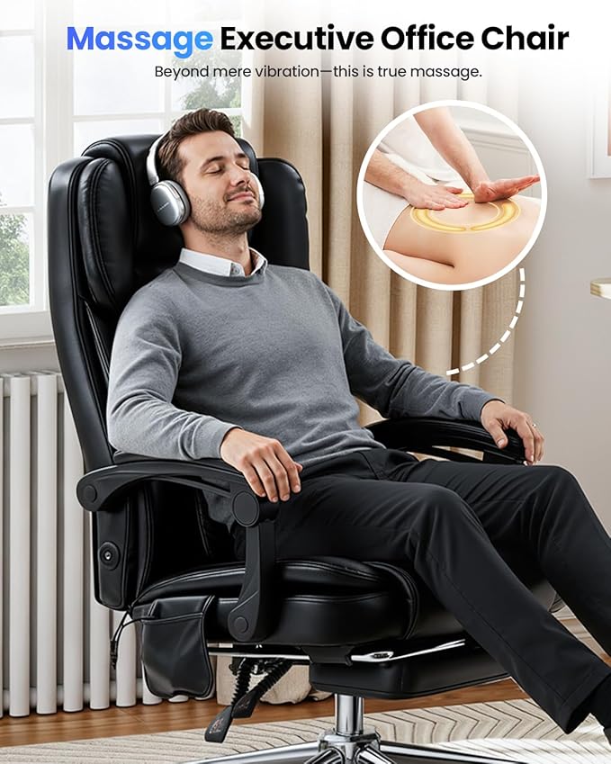 Big and Tall Office Chair 300lbs with 3D Kneading Massage Lumbar Support, Office Chairs for Back Pain Relief, Ergonomic Comfort 130° Reclining Desk Chairs Managerial Chairs for Heavy People