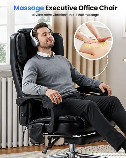 Big and Tall Office Chair 300lbs with 3D Kneading Massage Lumbar Support, Office Chairs for Back Pain Relief, Ergonomic Comfort 130° Reclining Desk Chairs Managerial Chairs for Heavy People